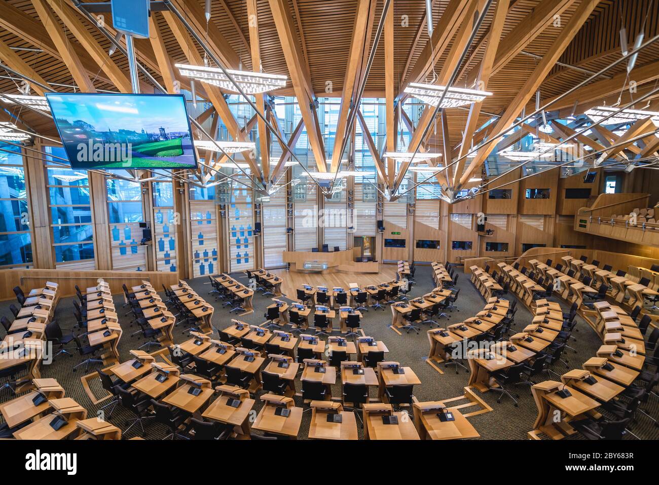 Edificio del Parlamento Scozzese nella zona di Holyrood, Edimburgo, capitale della Scozia, parte del Regno Unito Foto Stock