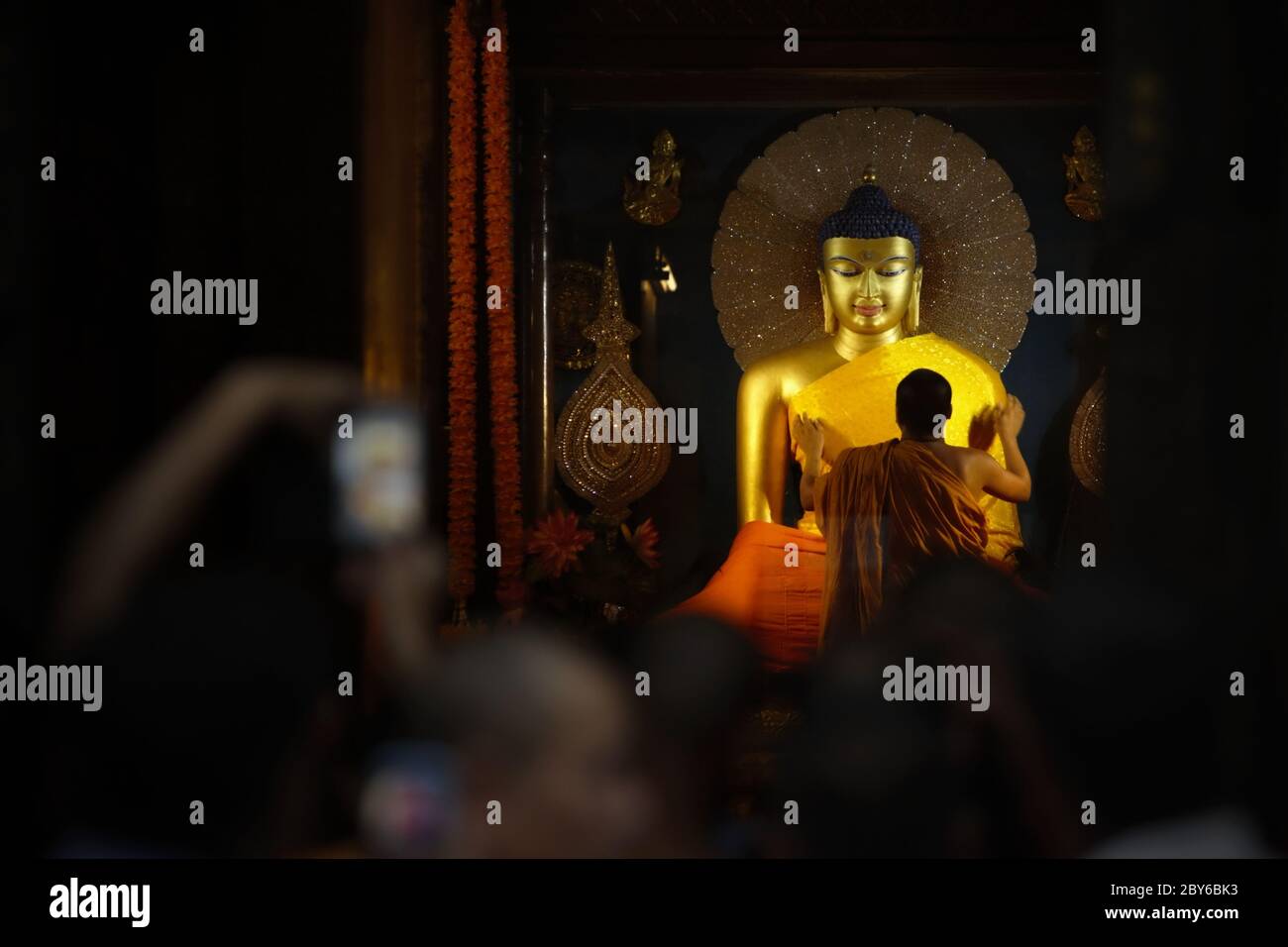 Un monaco in servizio che copre la Santa statua del Buddha d'oro con una nuova veste all'interno del santuario da camera del Tempio Mahabodhi a Bodh Gaya, Bihar, India. Foto Stock