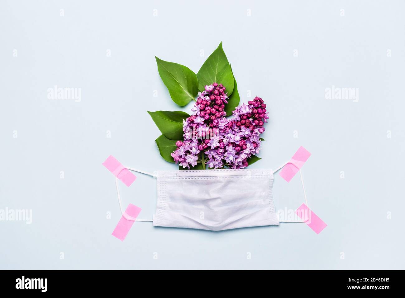 Il nastro adesivo rosa fissa la maschera protettiva con bouquet di fiori lilla. Concetto di pandemia creativa, spazio di copia. Foto Stock