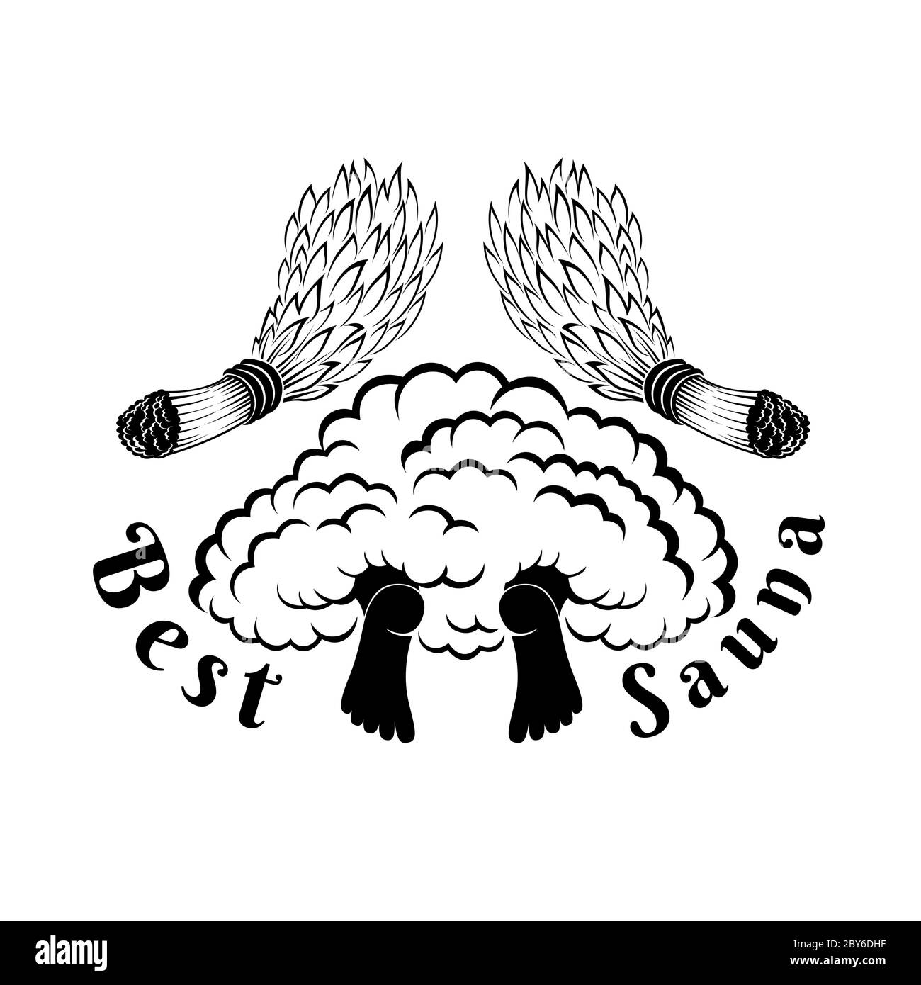 Etichetta per sauna, banya o bagno. A circa due metri dal vapore tra due besom. Illustrazione Vettoriale