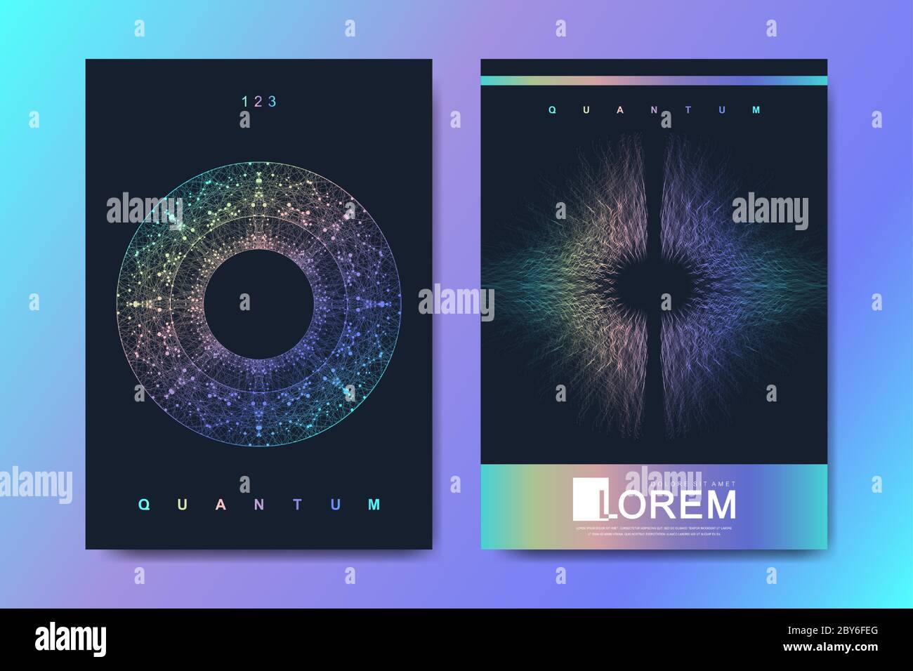 Moderno vettore modello per brochure, depliant, volantini, coperchio, banner, catalogo, rivista, relazione annuale. Quantum technology. Il futuristico design di esplosione Illustrazione Vettoriale