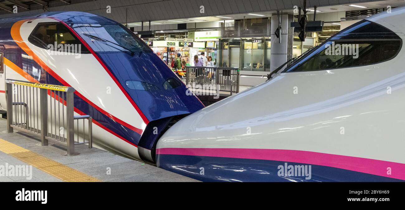 Treno ad alta velocità Shinkansen presso il terminal della stazione ferroviaria di Tokyo. Foto Stock