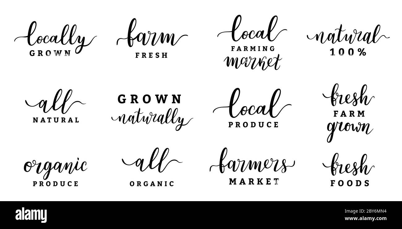 Farmers mercato lettering collezione di logo, calligrafia manoscritta per fiera alimentare isolato su bianco, etichette vettoriali, bundle di composizioni tipografiche Illustrazione Vettoriale