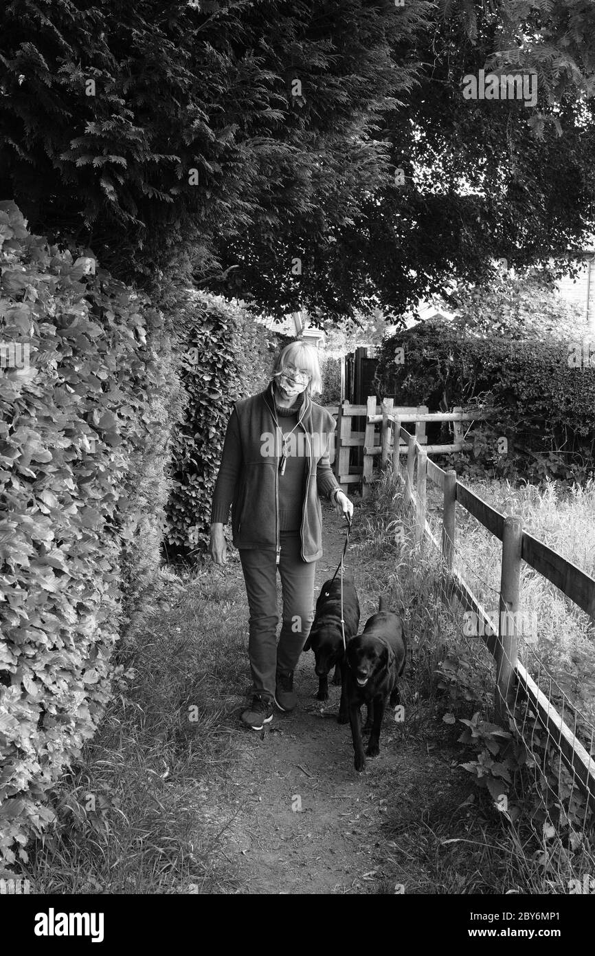 Donna, cane che cammina, indossare maschera facciale, Covid 19, Coronavirus, prevenzione, cani, Villaggio, ambiente, sicurezza, Precauzioni, Pandemic, Lockdown. Foto Stock