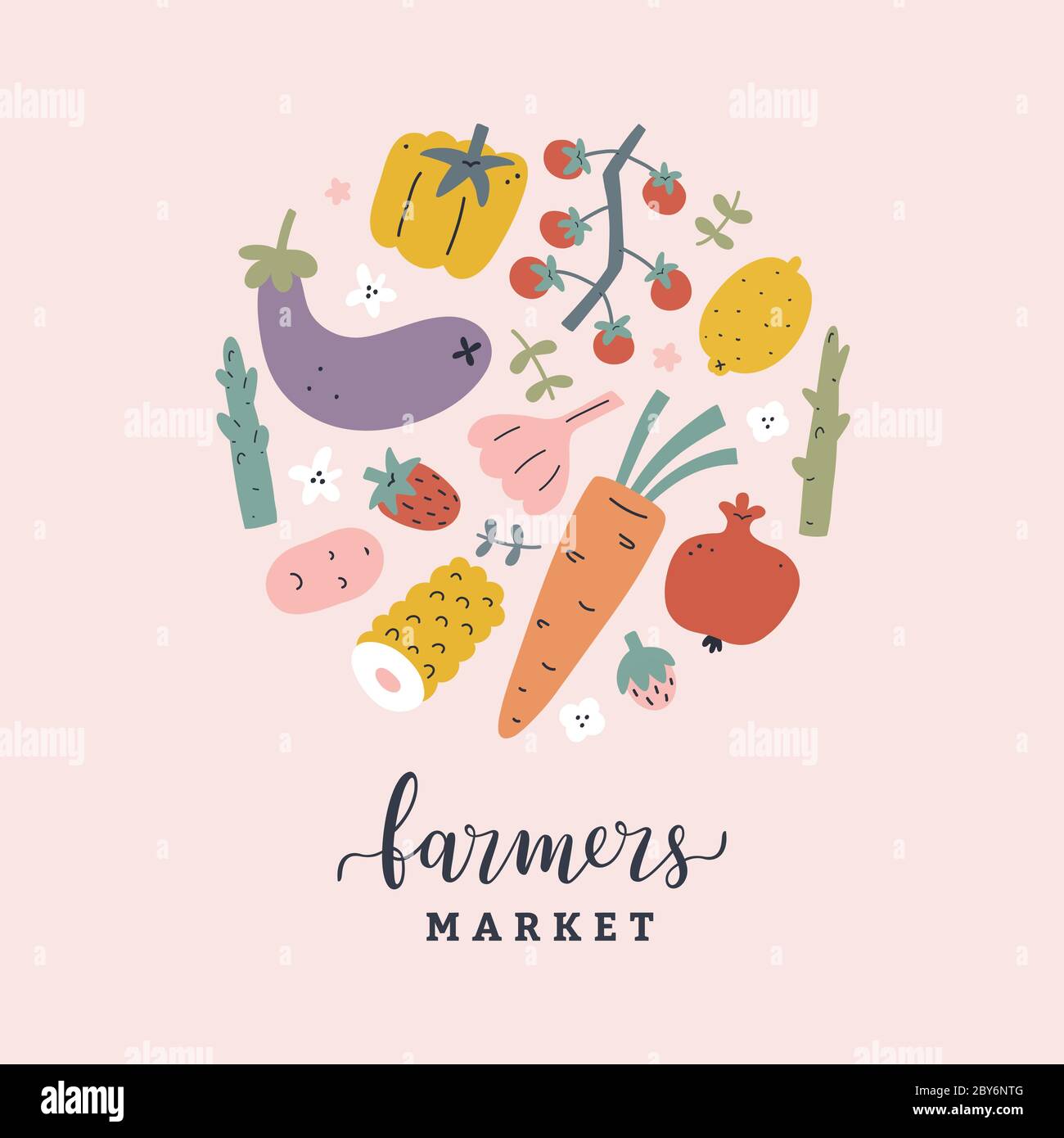 Poster di verdure, banner mercato agricolo, illustrazione disegnata a mano con raccolta di frutta e verdura, opere d'arte vettoriale con pomodoro, limone, asparagi Illustrazione Vettoriale
