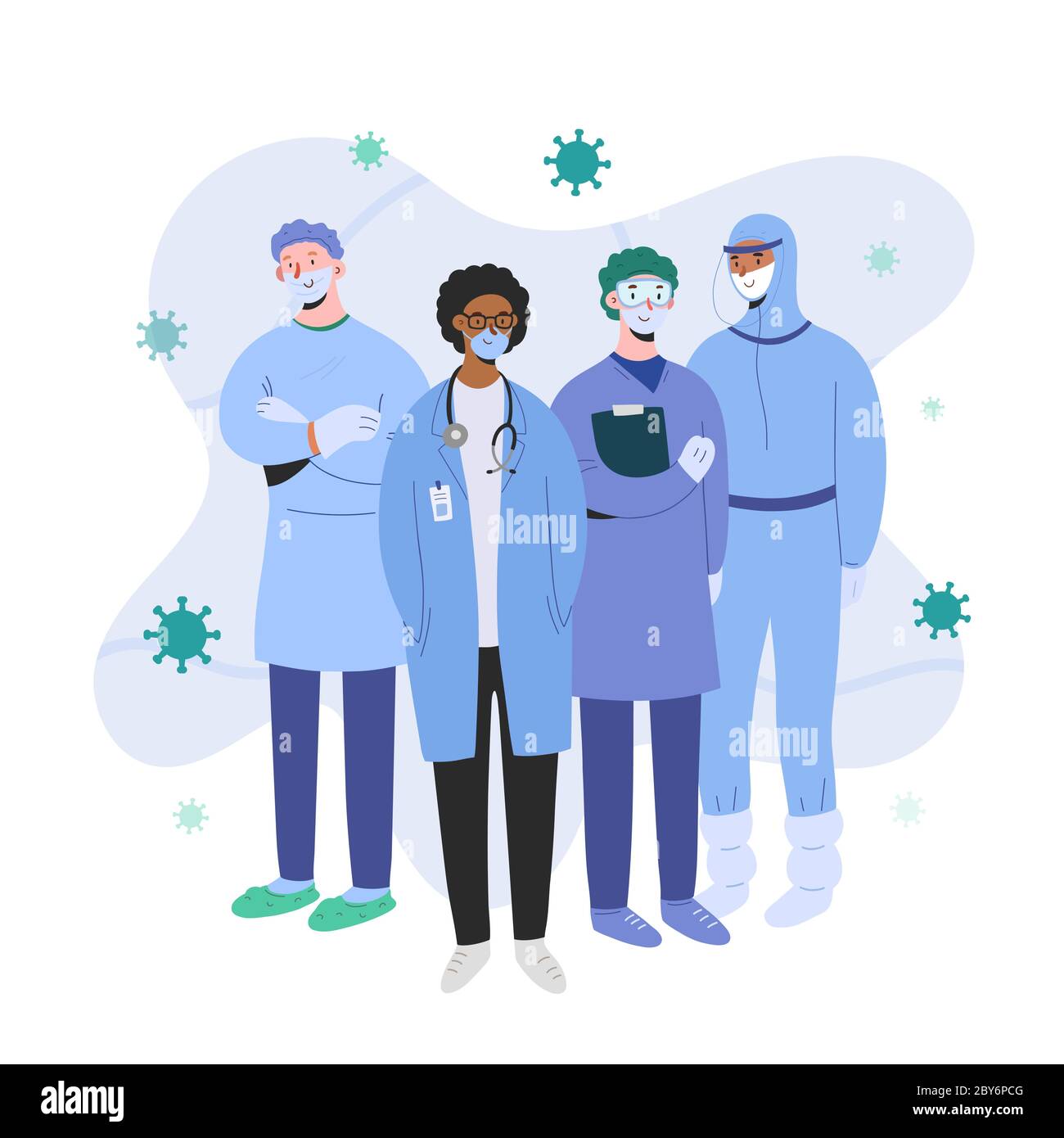 Medici e infermieri che indossano tute e maschere di protezione in piedi insieme pronti per l'epidemia di coronavirus, concetto professionale di lavoro di squadra, team medico Illustrazione Vettoriale