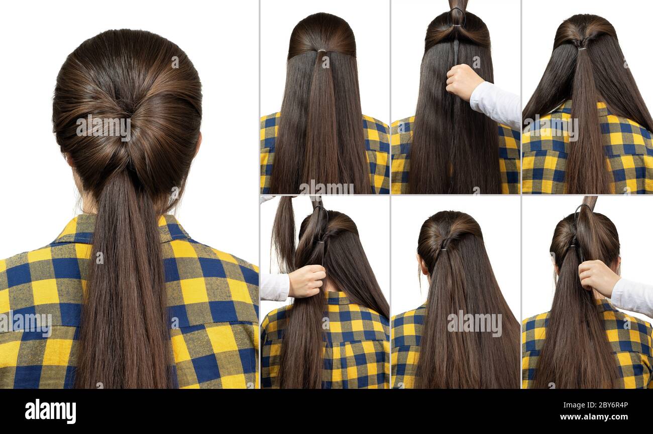 tutorial di stile di capelli ponytail Foto Stock