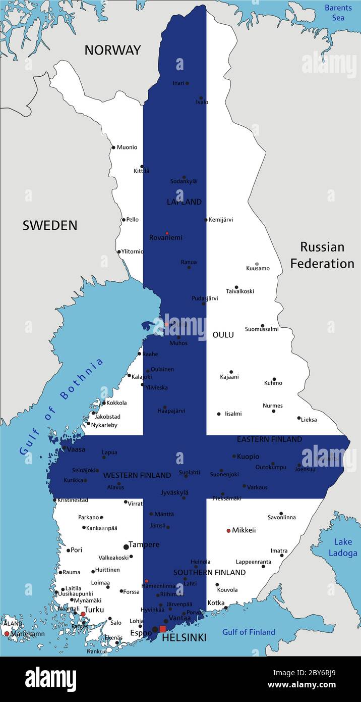 Finlandia Mappa politica molto dettagliata con bandiera nazionale isolata su sfondo bianco. Illustrazione Vettoriale