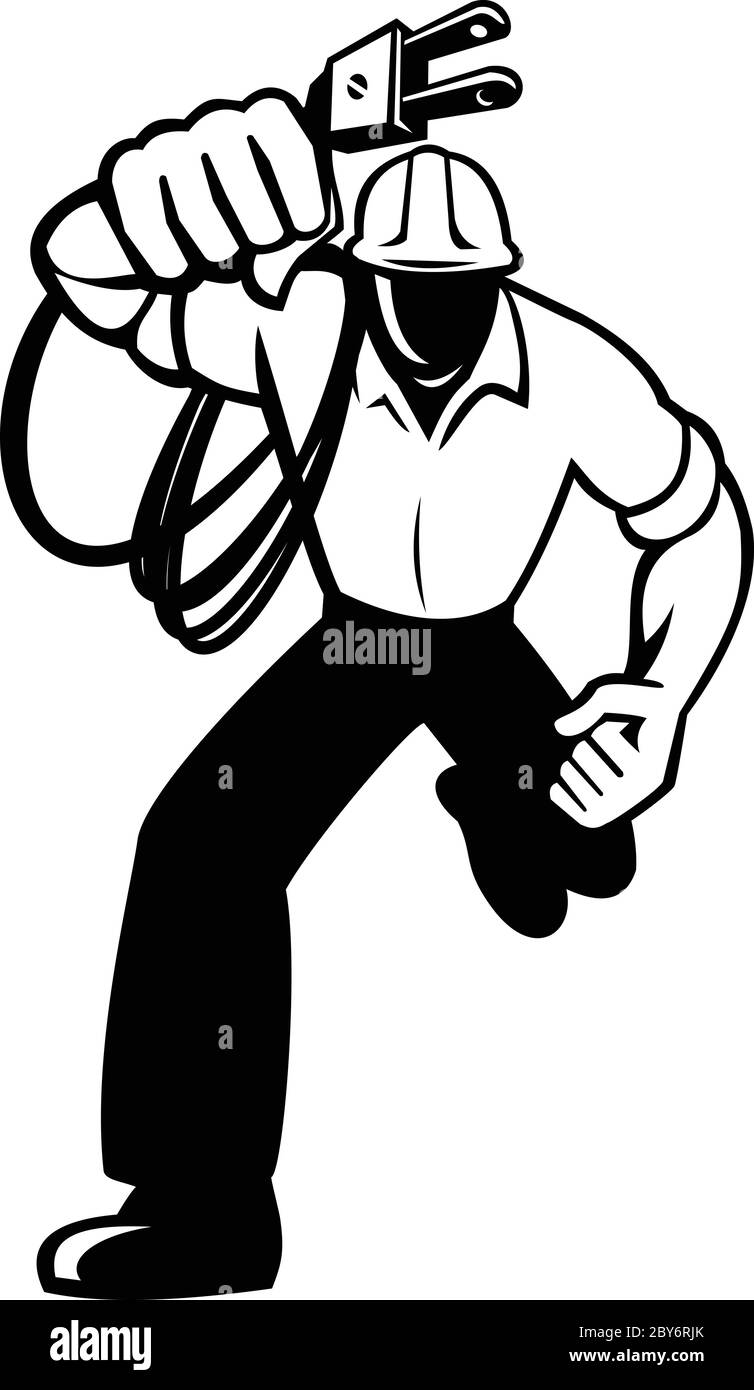 Illustrazione di un lineman di alimentazione di un elettricista che tiene una spina elettrica con cavo elettrico che corre la vista frontale fatta in nero retrò Illustrazione Vettoriale