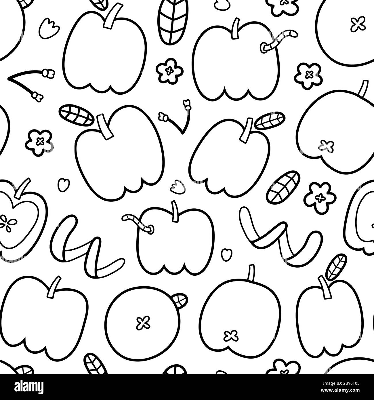 Doodle mela modello, trendy profilo disegno, senza cuciture vettore ornamento, linea di disegno bianco e nero, mele e foglie carine e fiori in fiore Illustrazione Vettoriale