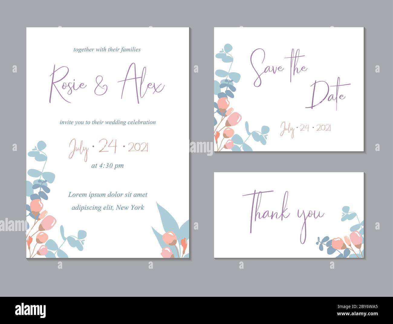 Fiori alla moda grazie, rsvp Modern Card.Wedding invito, moderno Card Design. Salvare il set di modelli scheda data con foglie di eucalipto, decorative Illustrazione Vettoriale