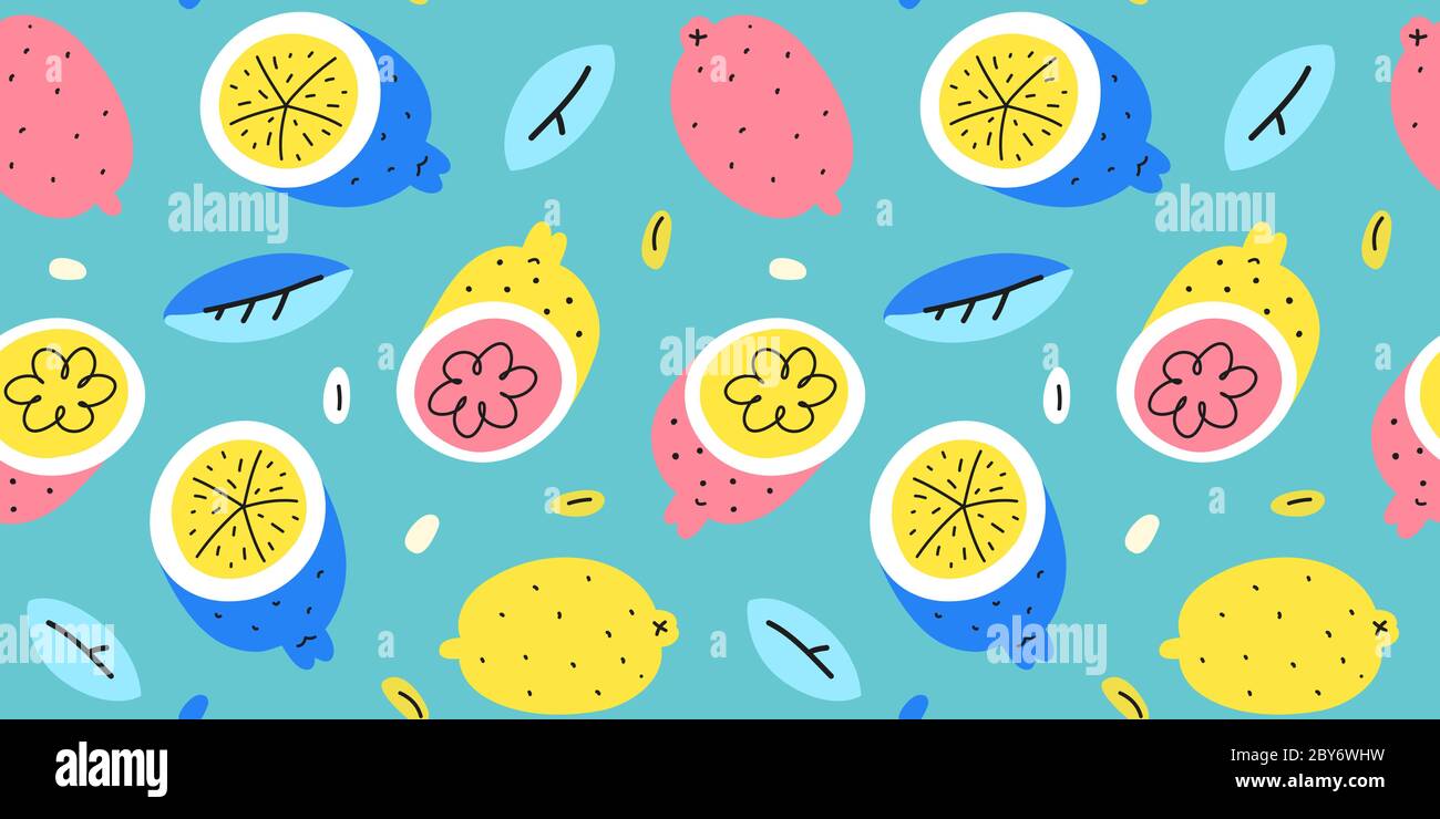 Stampa di moda al limone, ornamento tropicale con agrumi con foglie, arte trendy piatta disegnata a mano, motivo vettoriale senza giunture, tema estivo, cartone animato divertente Illustrazione Vettoriale