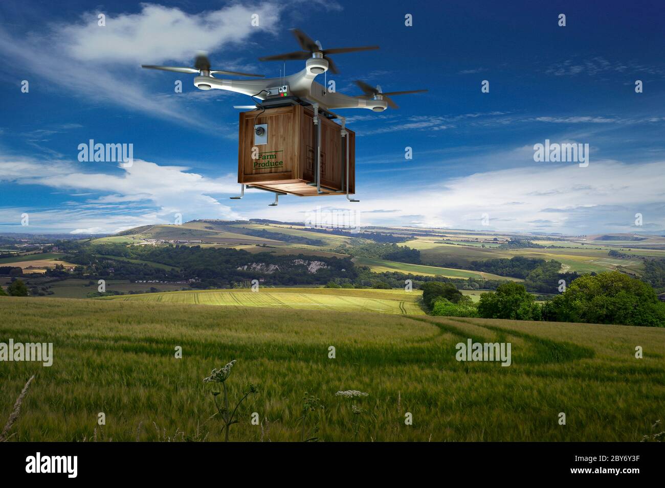 Cassa di consegna dei droni sul paesaggio rurale Foto Stock