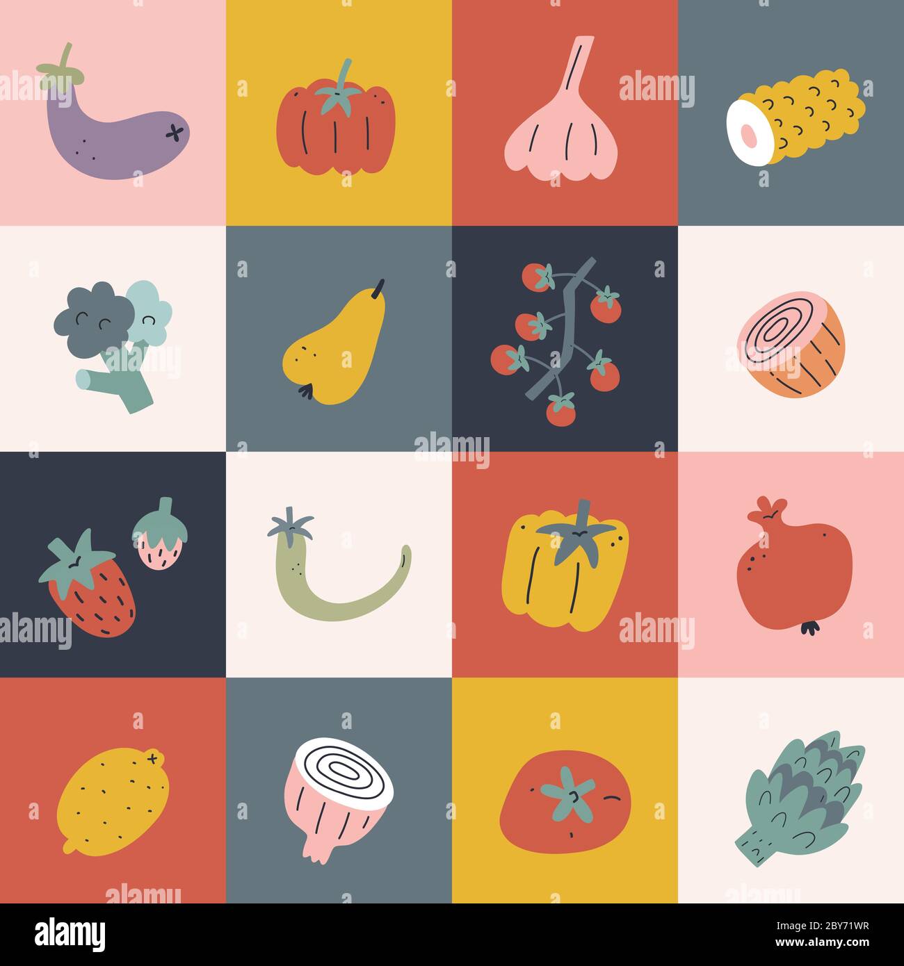 Poster di pop art alimentare, illustrazione di verdura e frutta disegnata a mano, blocchi quadrati con pepe, pomodoro, pera, decorazione moderna stampa cucina Illustrazione Vettoriale