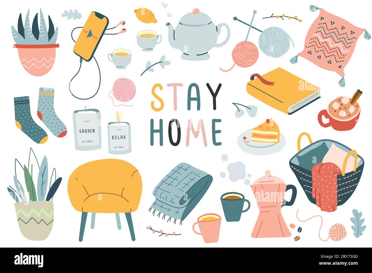 Collezione Stay home, attività interne, concetto di comfort e intimità, insieme di illustrazioni vettoriali isolate, stile scandinavo, isolamento Illustrazione Vettoriale