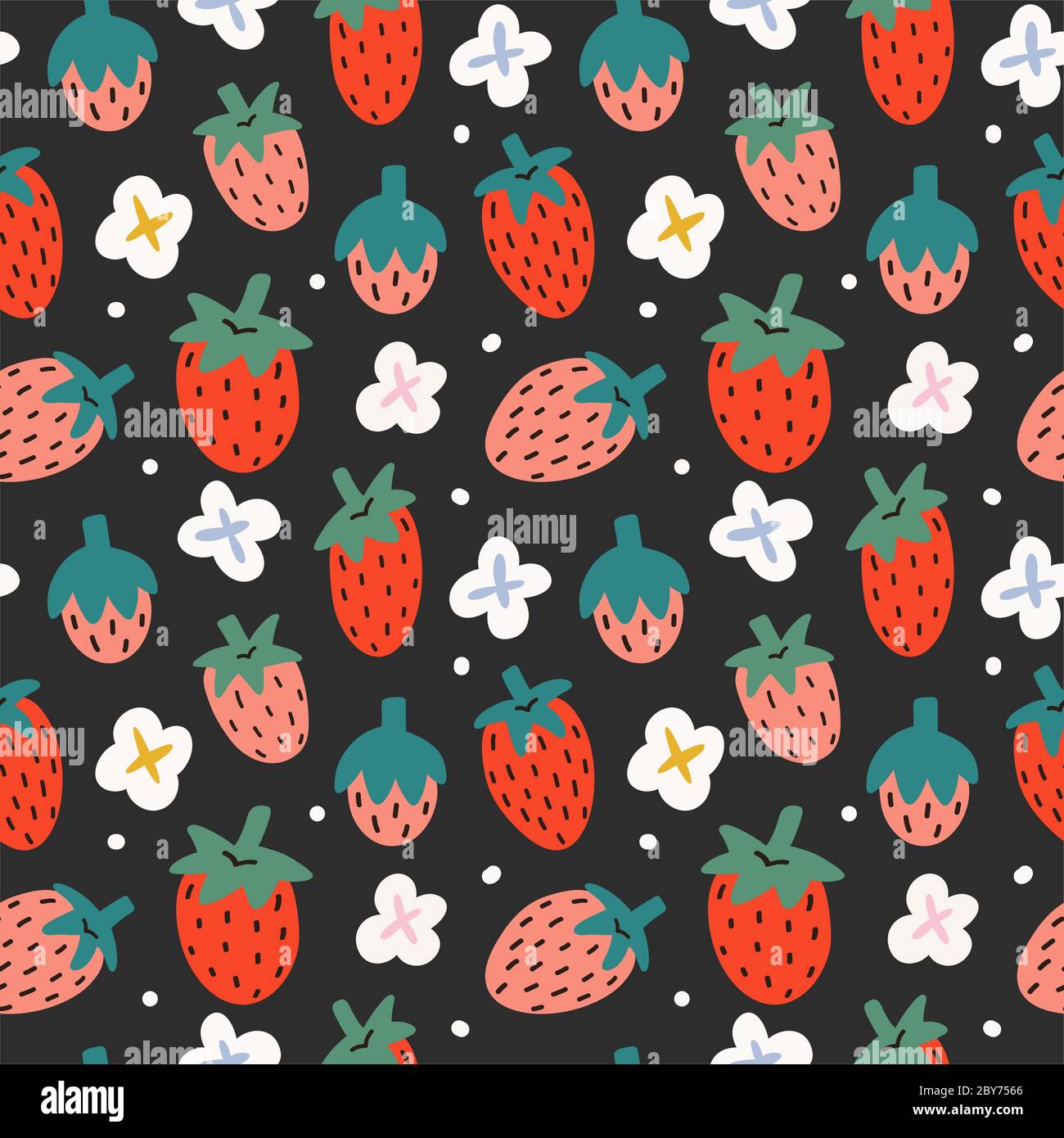 Strawberry motivo senza giunture su sfondo nero, ornamento di frutta con illustrazione disegnata a mano di bacche con fiori in fiore, buono per cucina Illustrazione Vettoriale