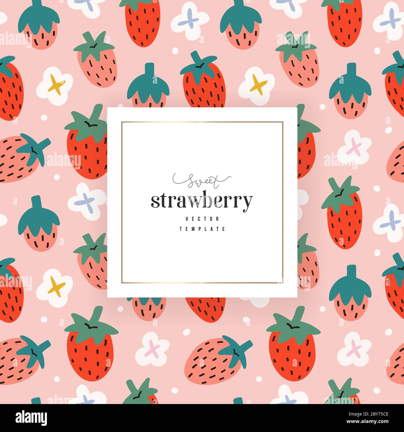 Modello di fragola per il design della confezione con spazio per logo o testo, vettore trendy disegnato a mano di frutti rossi estivi con fiori bianchi Illustrazione Vettoriale