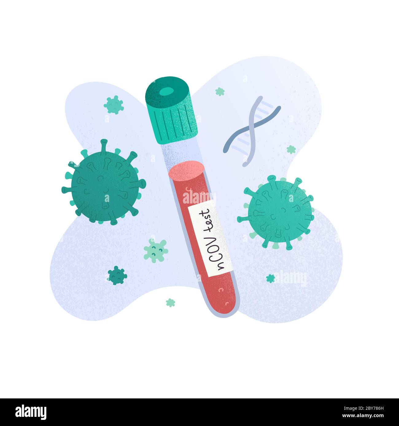 Provetta per analisi con coronavirus, campione in una provetta per analisi in vetro. Covid-19 test medico, esame di laboratorio, illustrazione vettoriale isolata con virus e dna doodles Illustrazione Vettoriale