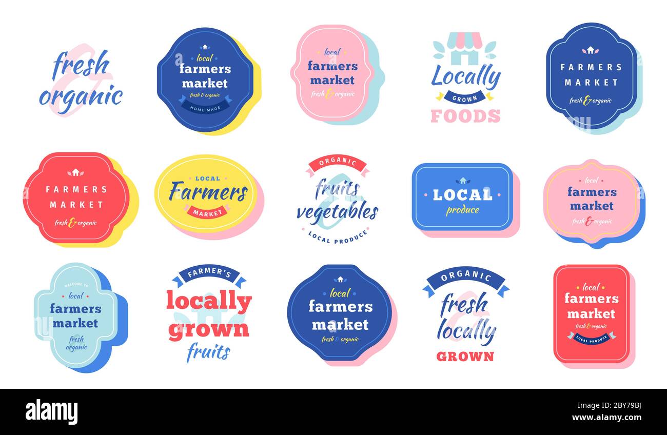 Collezione di logo del mercato agricolo, modelli di logotipo di etichetta per badge isolati locali fiera alimentare, bundle di composizioni tipografiche con font script Illustrazione Vettoriale
