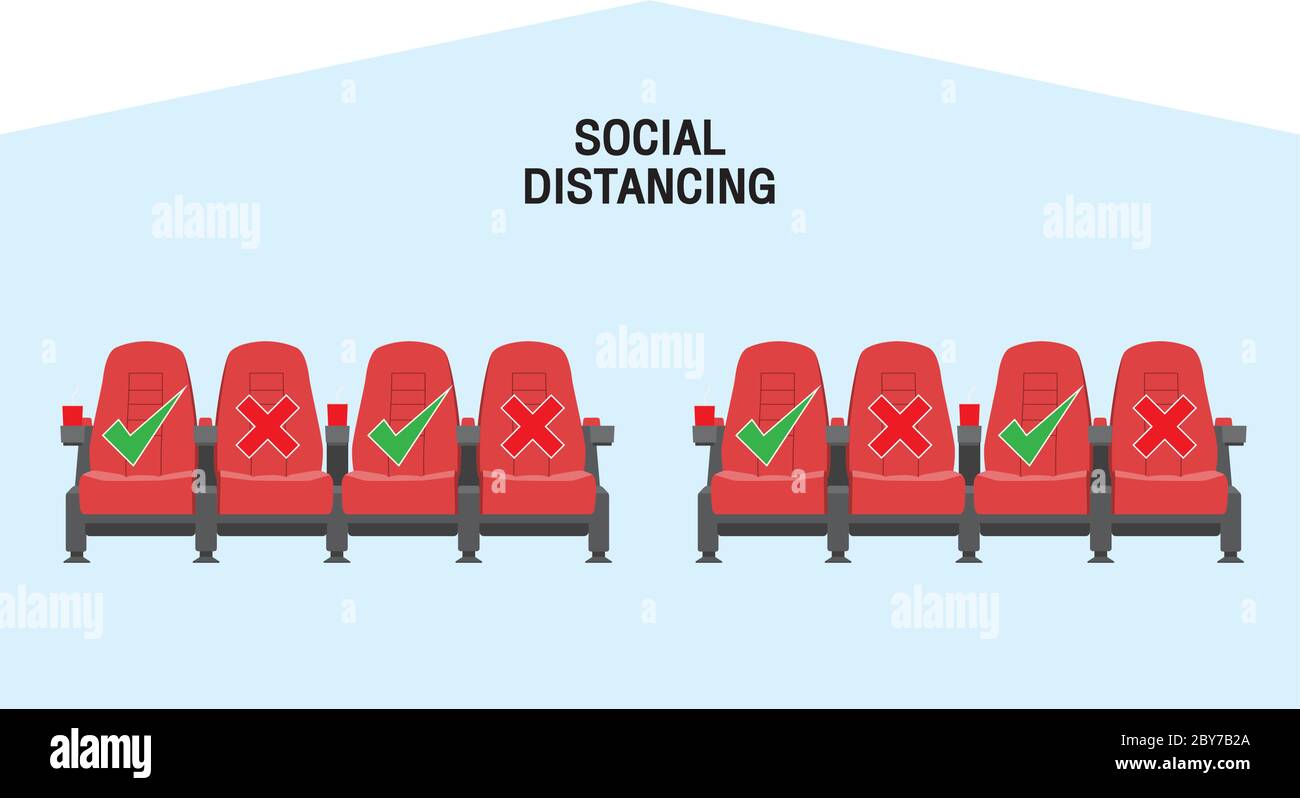 Tenere una distanza di sicurezza quando ci si trova in un cinema. Icona vettoriale semplice su sfondo bianco. Illustrazione Illustrazione Vettoriale