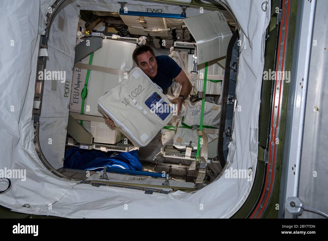 L'astronauta e il 63 comandante della spedizione della NASA Chris Cassidy scarica una borsa piena di cibo fresco della nave giapponese senza equipaggio, l'H-II Transfer Vehicle-9, a bordo della International Space Station 25 maggio 2020 a Earth Orbit. Foto Stock