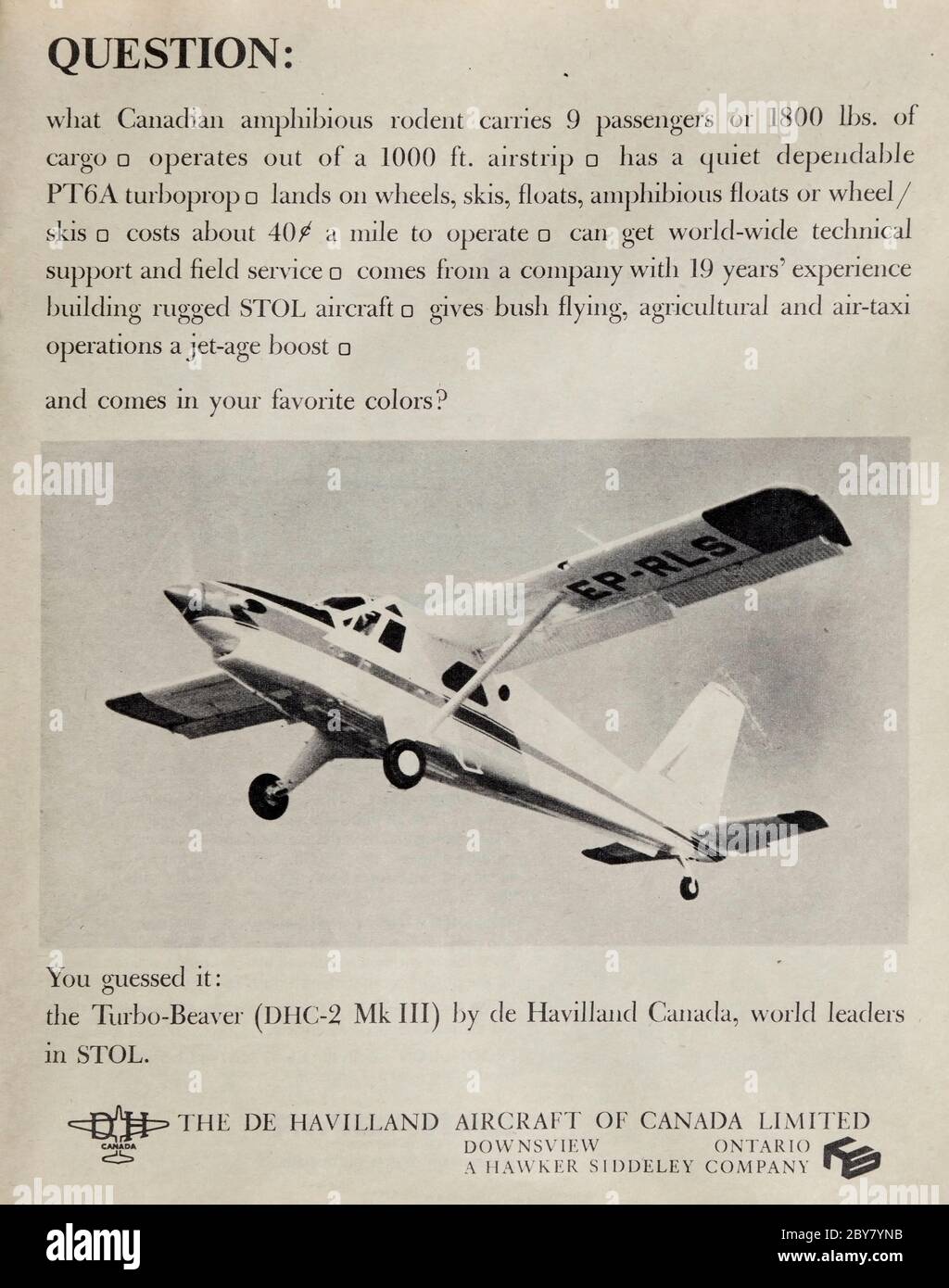 Pubblicità vintage per gli aerei leggeri De Havilland/Hawler Siddeley Turbo Beaver (DHC-2 Mk III). Foto Stock