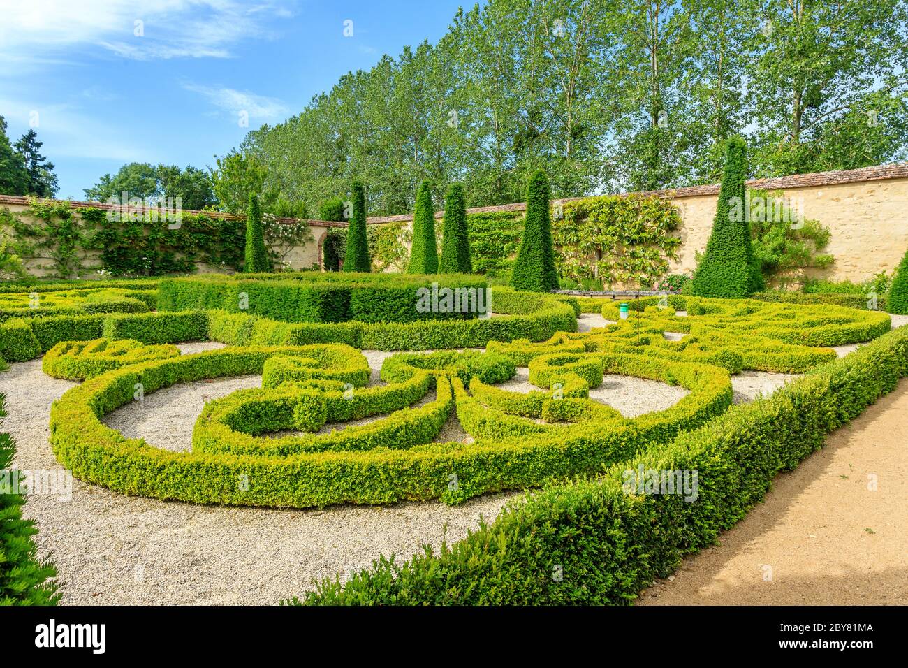 Francia, Cher, Berry, Route Jacques Coeur, Ainay le Vieil, Chateau d'Ainay le Vieil, Castlel Gardens, Chartreuses, Parterre de broderies // Francia, Foto Stock