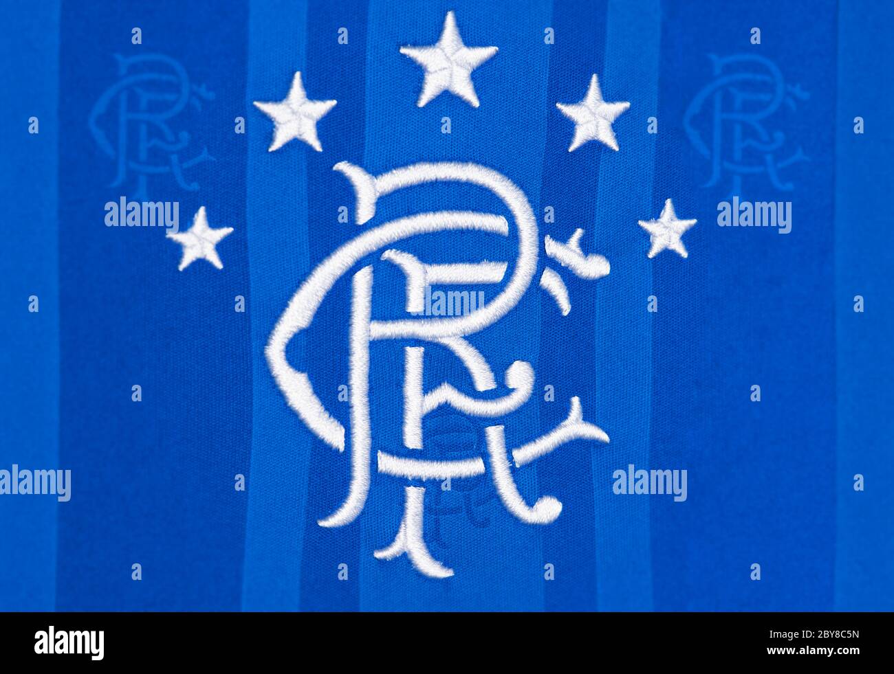 Primo piano della maglia Home del Rangers FC Foto Stock