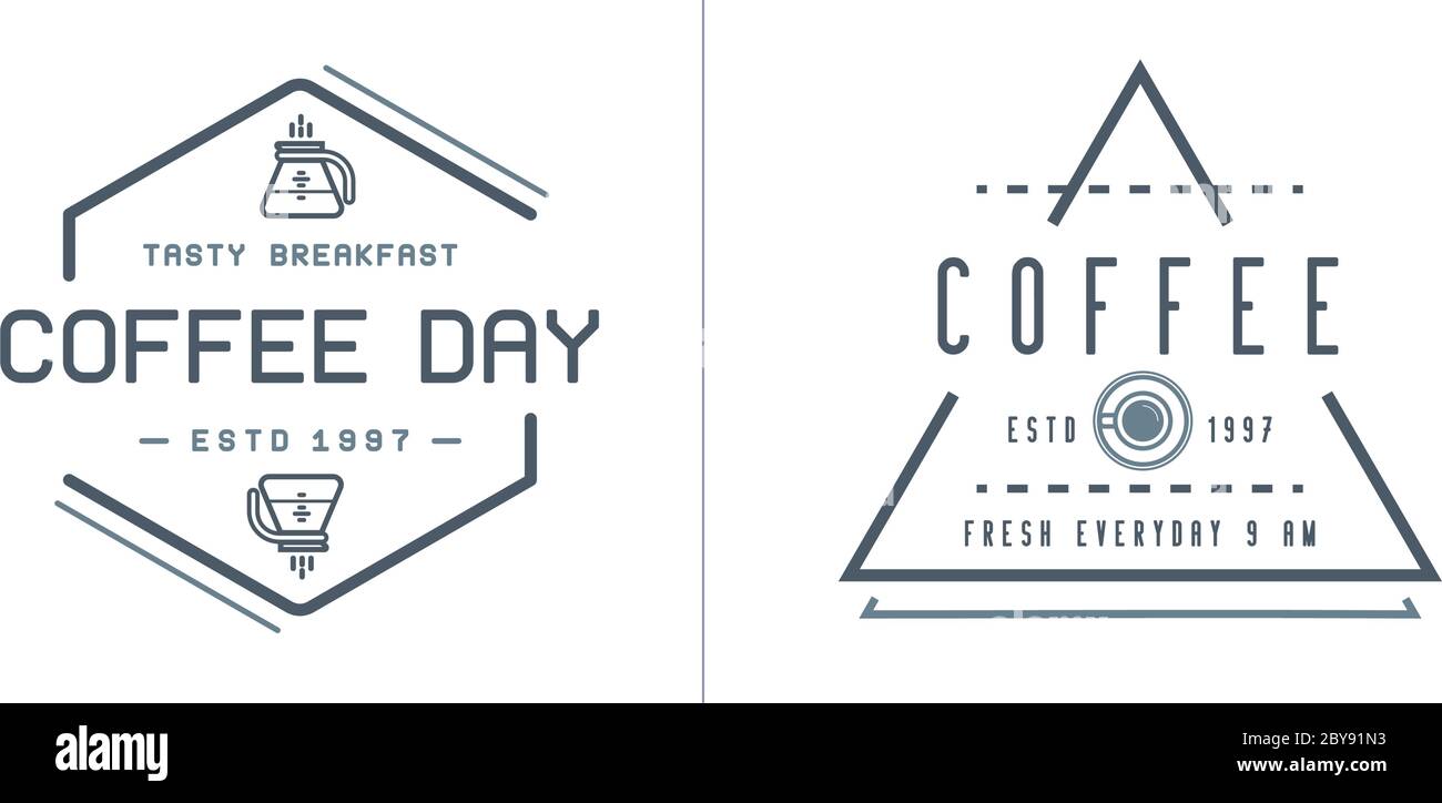 Set di modelli di logotipo di caffè vettoriale e accessori per caffè Illustrazione con icone incorporate con nomi fittizi Illustrazione Vettoriale