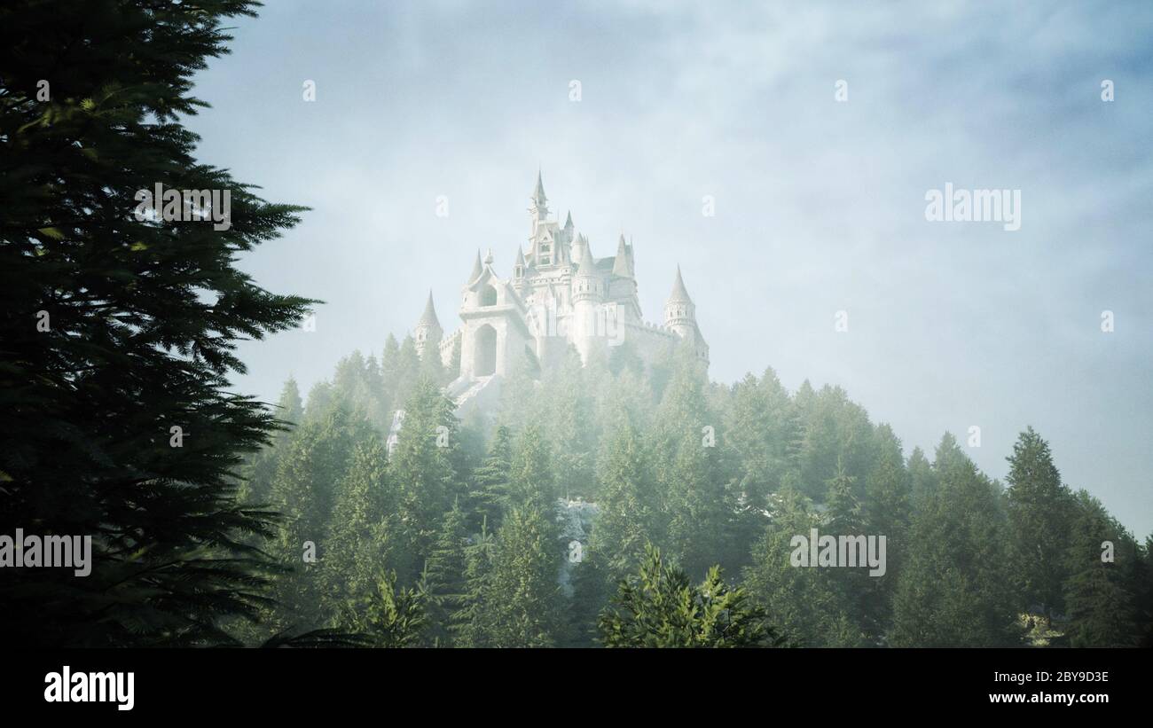 Antico castello fiabesco sulla collina. Vista aerea. rendering 3d. Foto Stock