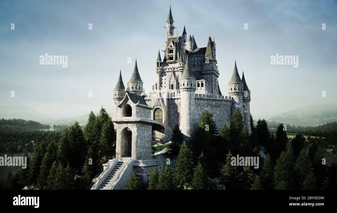 Antico castello fiabesco sulla collina. Vista aerea. rendering 3d. Foto Stock