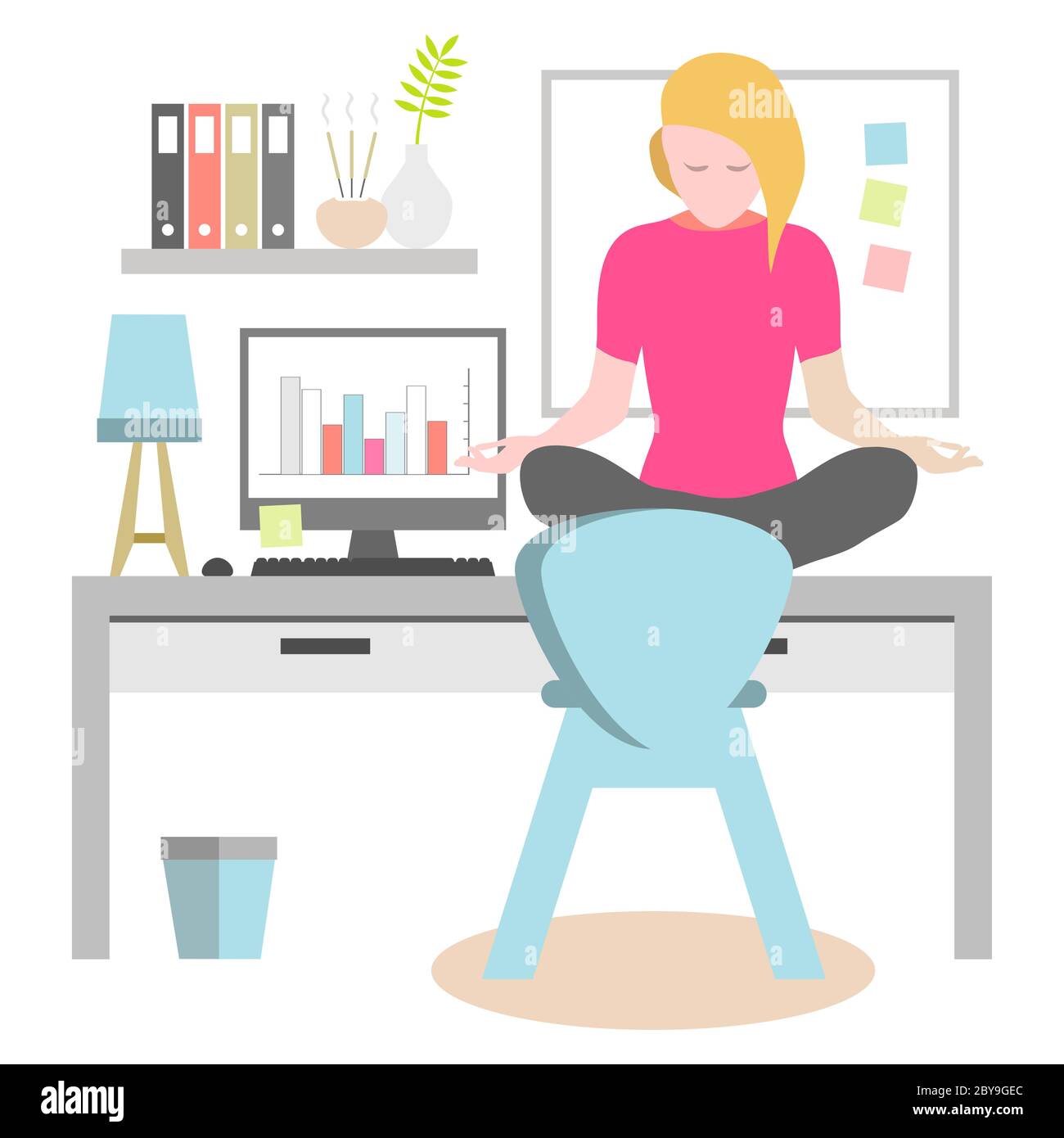 Ricordati di prendere pause regolari dal lavoro. Una lavoratrice che pratica la meditazione della consapevolezza sulla scrivania dell'ufficio. Illustrazione Vettoriale