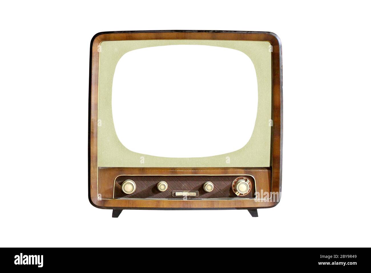 Televisore Vintage CRT con schermo vuoto isolato su sfondo bianco, tecnologia televisiva analogica retrò Foto Stock