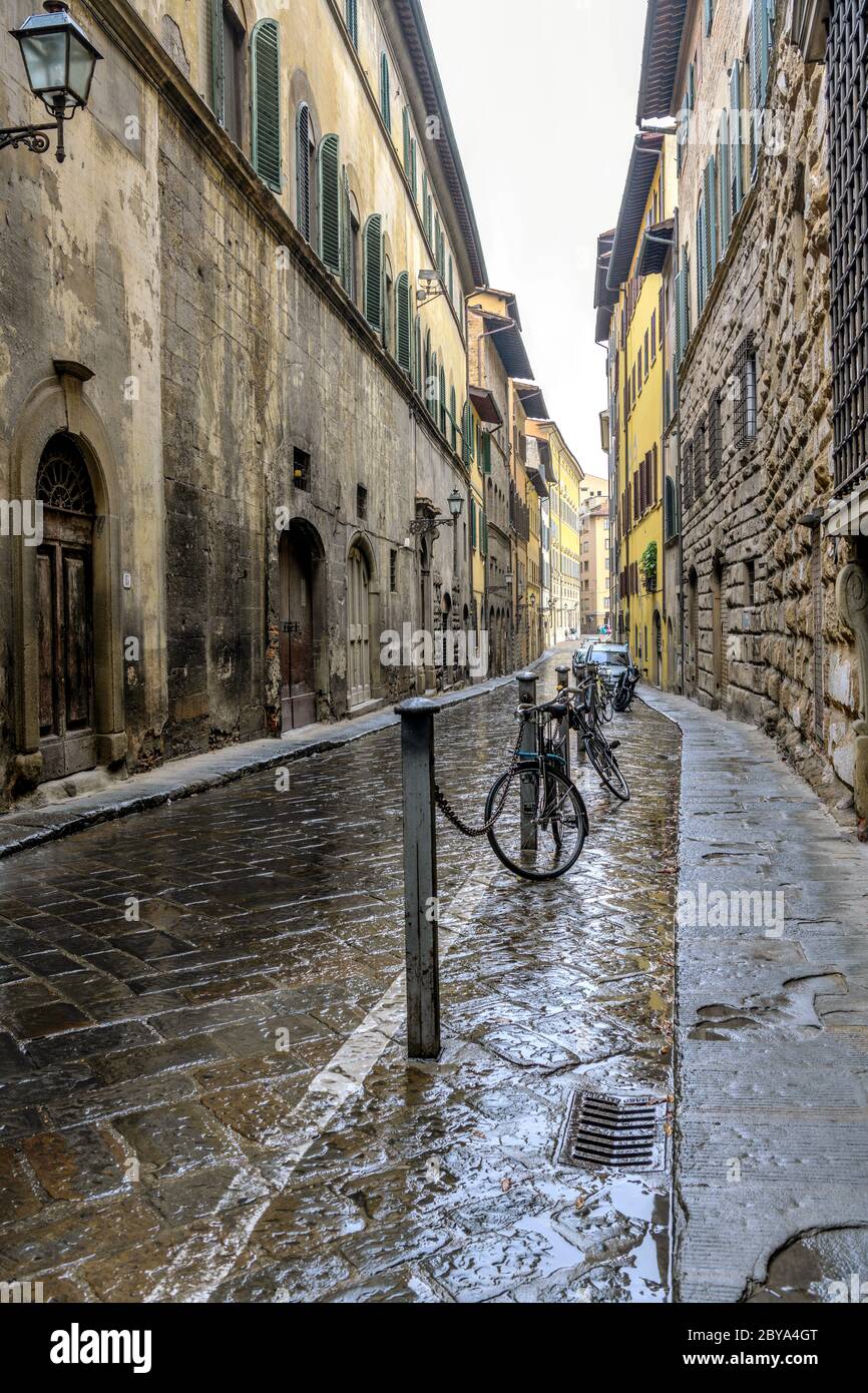 Old Street - Vista verticale grandangolare di una stretta strada lastricata in pietra nel centro storico di Firenze in un giorno d'autunno piovoso. Toscana, Italia. Foto Stock