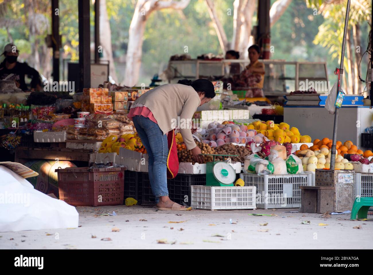 Un venditore al mercato locale nella piccola città di Luang Nantha, Laos settentrionale. Foto Stock