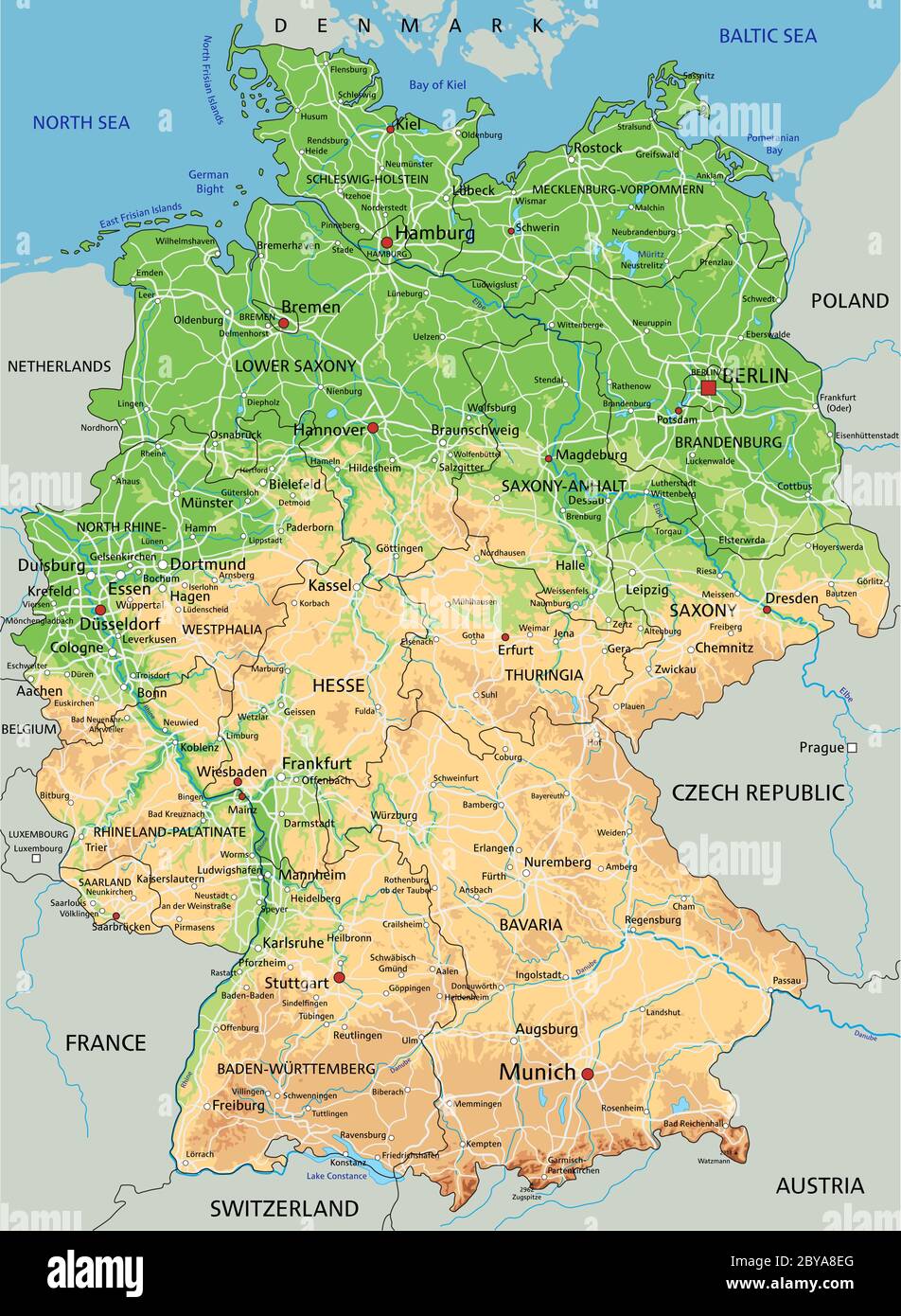 Mappa fisica della Germania con dettagli elevati con etichettatura Immagine  e Vettoriale - Alamy