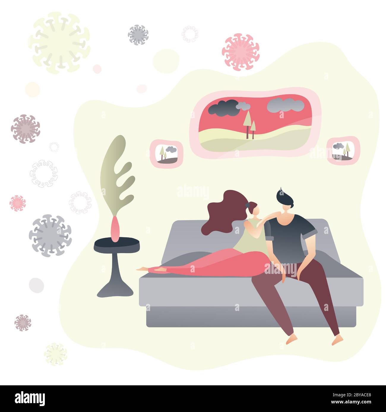 Coppia rilassante sul divano durante l'epidemia di Coronavirus. Isolamento automatico in quarantena. Rimani a casa e prevenire le malattie. Rilassatevi e siate positivi. Illustrazione Vettoriale
