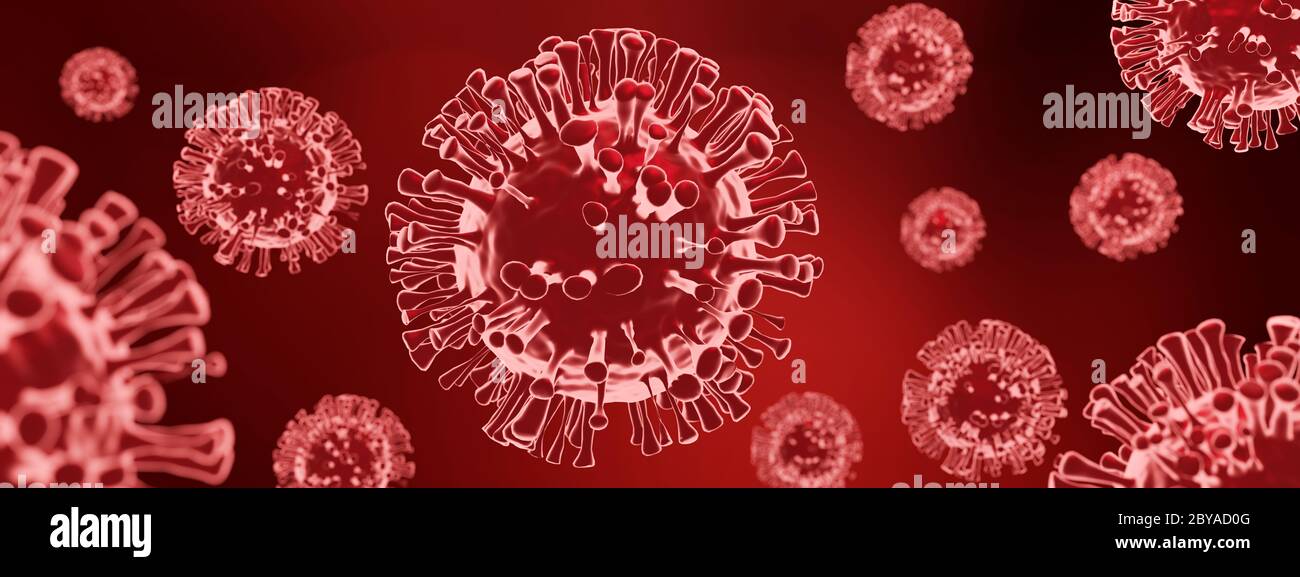 illustrazione 3d, vista di Coronavirus sotto microscopio, virus e produzione di vaccini. Il virus Corona è in uscita Foto Stock
