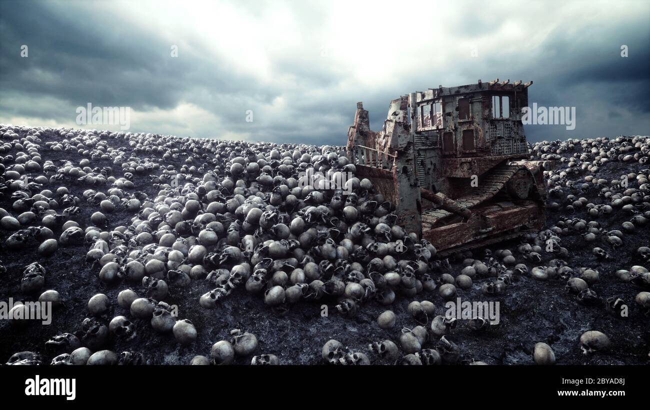 Vecchio bulldozer e mucchio di teschi. Apocalypse e concetto inferno. rendering 3d. Foto Stock