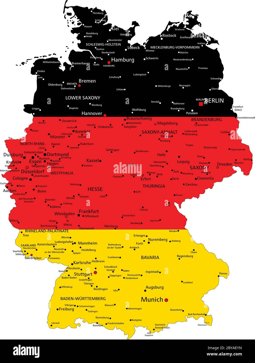 Germania Mappa politica molto dettagliata con bandiera nazionale isolata su sfondo bianco. Illustrazione Vettoriale