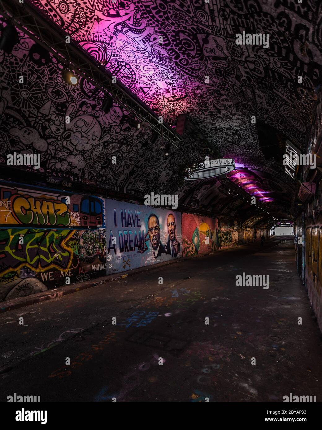 La questione della vita nera è rappresentata nel famoso tunnel dei graffiti di Leake Street a Londra. Ritratti di Martin Lutero King e Malcolm X sulla parete. Foto Stock