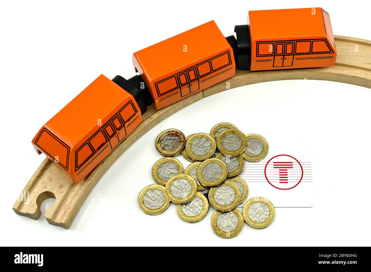 CARDIFF, GALLES - GENNAIO 2020: Pila di monete da una libbra accanto a un treno di legno e una carta di viaggio emessa da Transport for Wales. Foto Stock