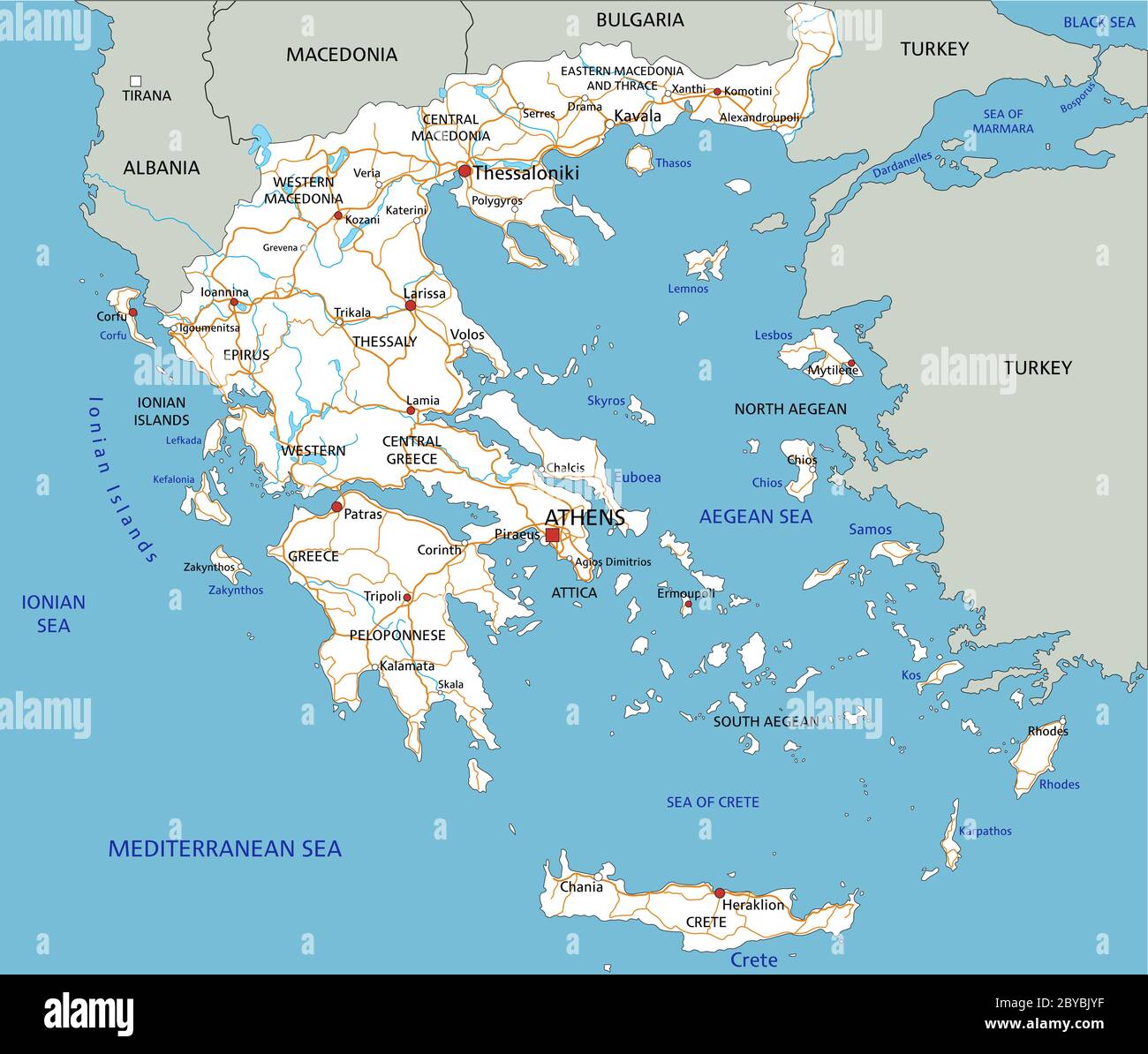 Mappa stradale dettagliata della Grecia con etichettatura. Illustrazione Vettoriale