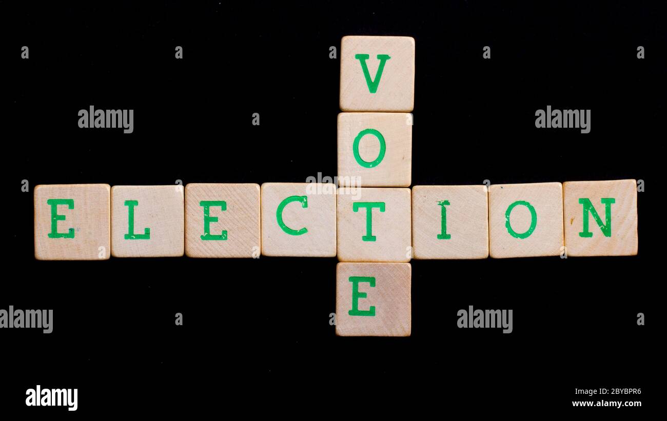 Lettere su blocchi di legno (America, votazione) Foto Stock