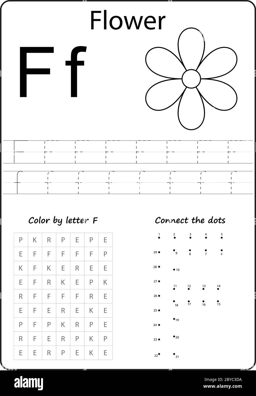 Lettera F. lettera alfabetica. Foglio di lavoro. Attività per bambini. Lettere di apprendimento Illustrazione Vettoriale