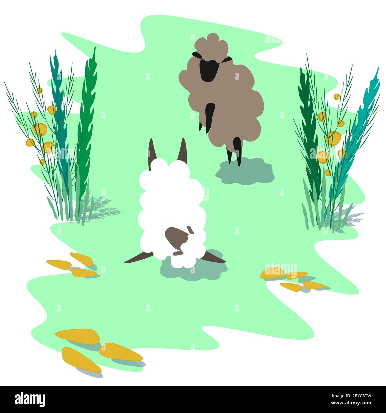 Pecora divertente sul prato senza cuciture modello. Stile doodle annegato a mano. Per abiti in tessuto, stampa T-shirt, cartolina, striscioni ed elementi di design. Illustrazione Vettoriale