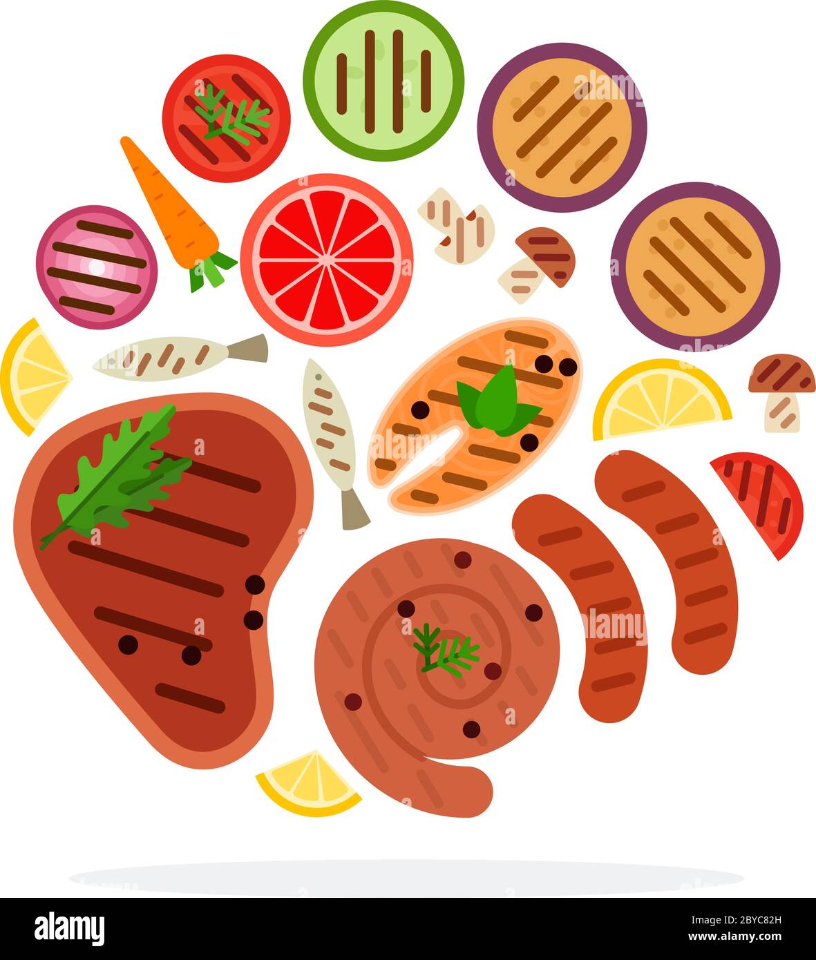 Carne, pesce, salsicce e verdure cotte sul piatto grigliate isolato Illustrazione Vettoriale