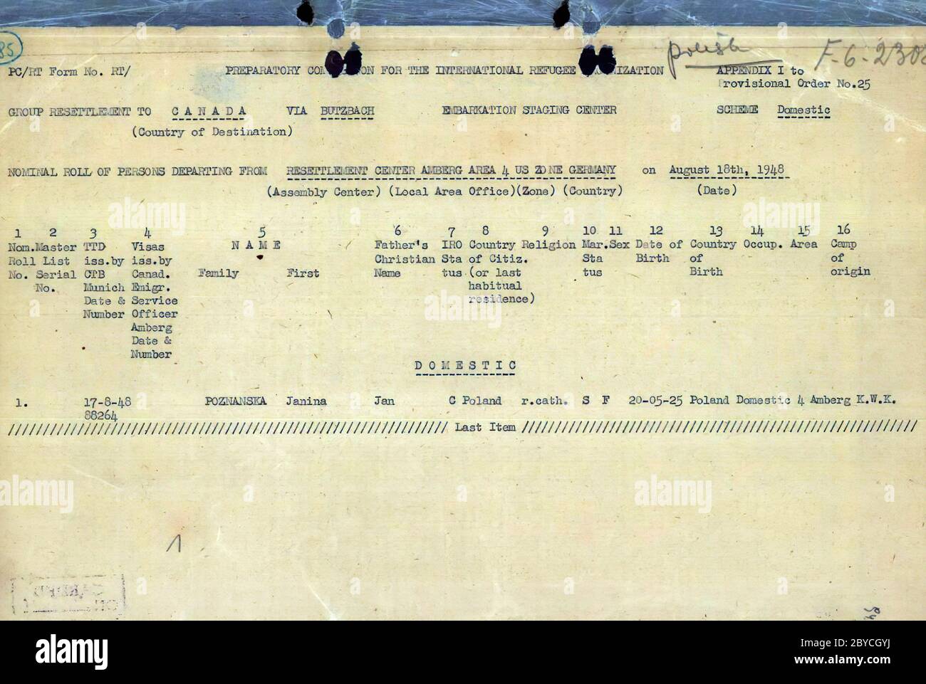 1948 documento per i rifugiati rilasciato dall'Organizzazione Internazionale per i rifugiati (IRO) nella Germania occupata Foto Stock