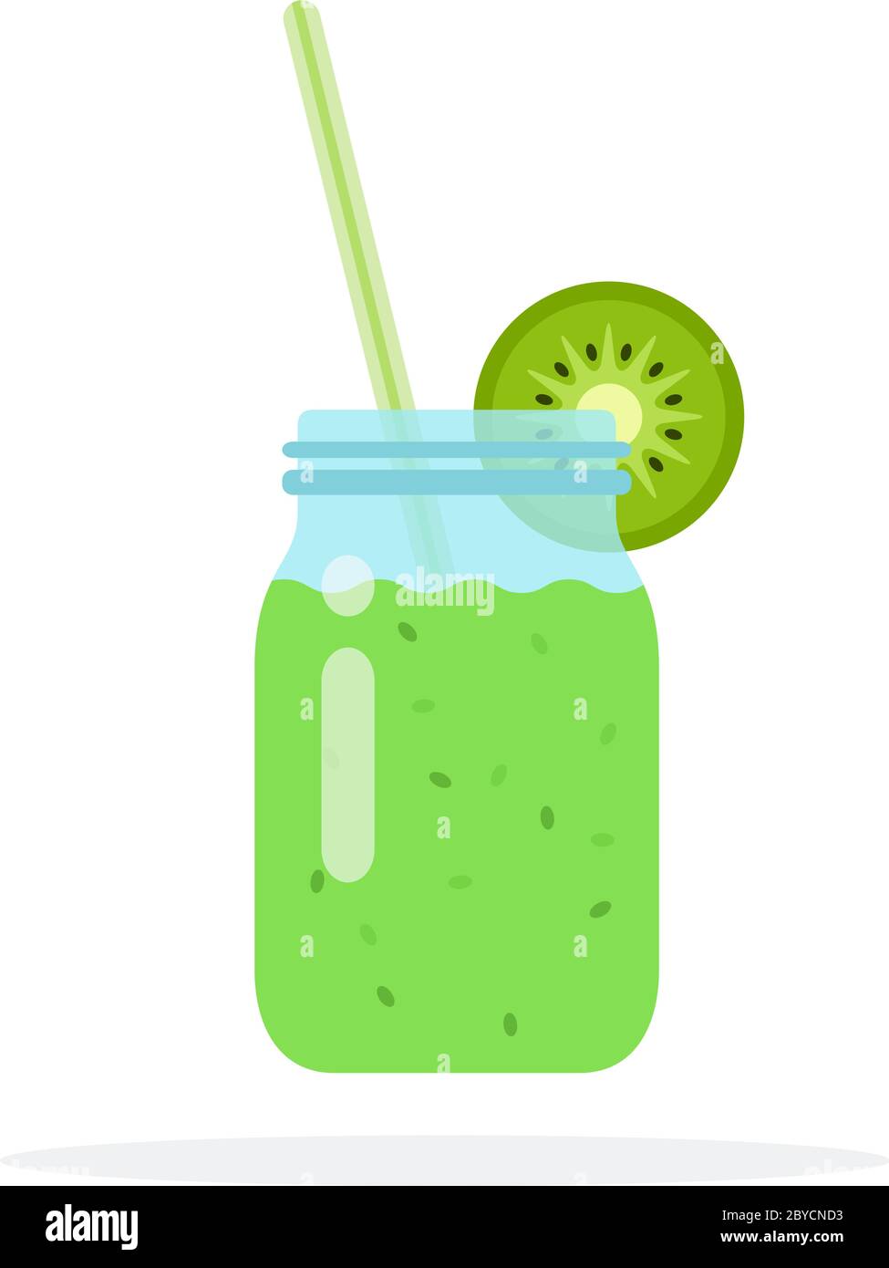 Frullati di kiwi in un vaso di vetro con cannucce e una fetta di kiwi piatta isolato Illustrazione Vettoriale