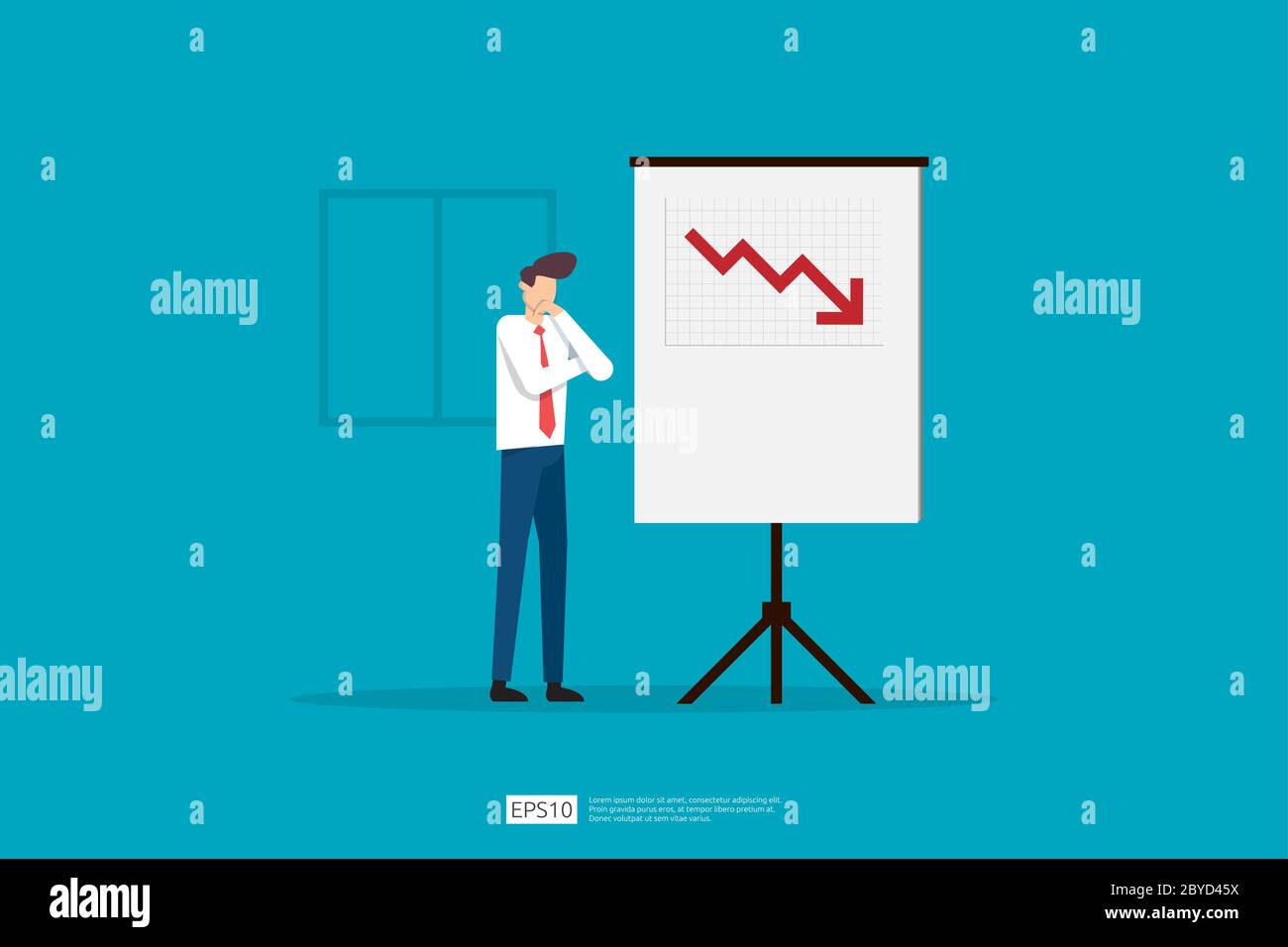 triste uomo d’affari perché ridurre la presentazione delle vendite sulla lavagna. business finanza crisi concetto. perdita di crisi fallire in calo. costi ridurre Illustrazione Vettoriale